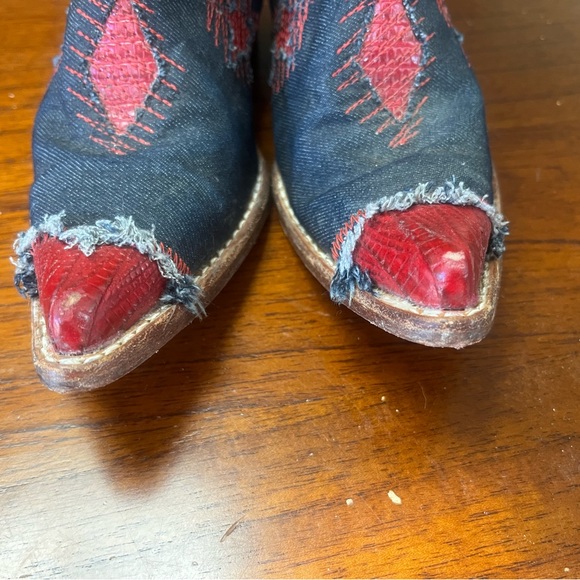 Joe Boots | Rustic Leather & Denim Cowboy Boots, Red Trim, Kid Size 11 - Picture 6 of 10